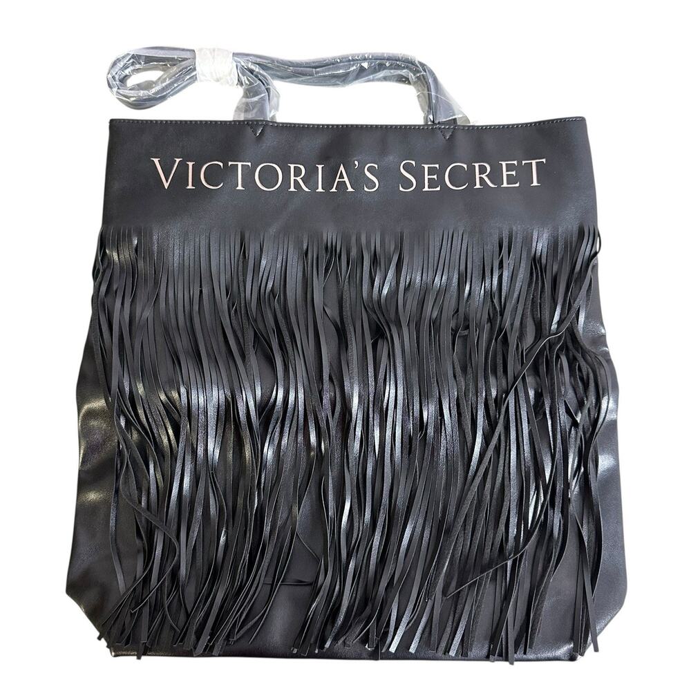 Victorias Secret Limited Black Faux Leather Flirty Fringe Tote Bag Travel New